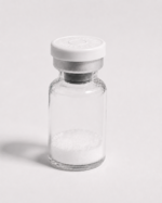 Clear glass vial with white cap containing white powder for peptide synthesis.