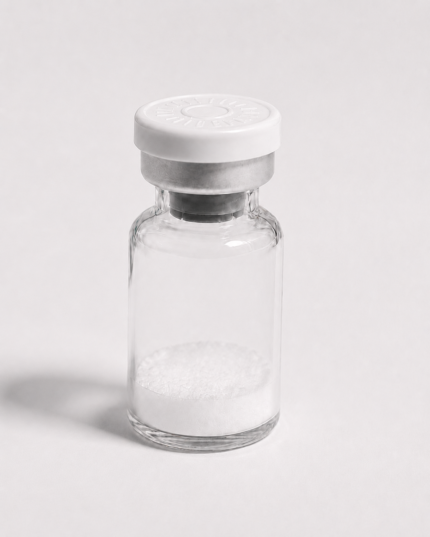 Clear glass vial with white cap containing white powder for peptide synthesis.
