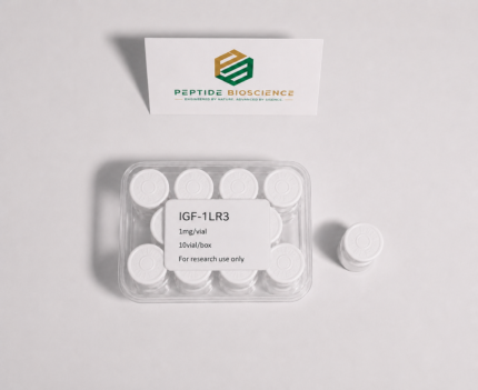 IGF-1LR3 peptide vials in a plastic container with Peptide Bioscience logo.