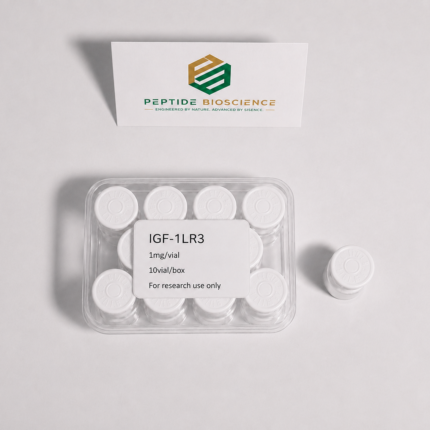 IGF-1LR3 peptide vials in a plastic container with Peptide Bioscience logo.