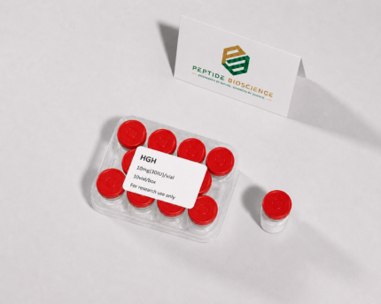 HGH peptide vials with red caps and research label on a white background.