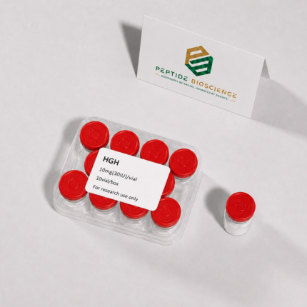 HGH peptide vials with red caps and research label on a white background.