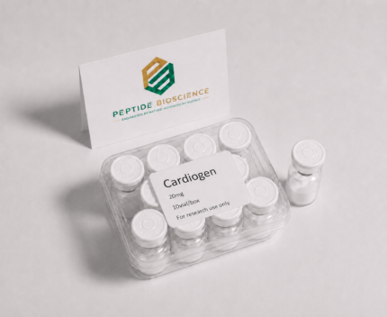 Cardiogen peptide vials in clear container for research use.