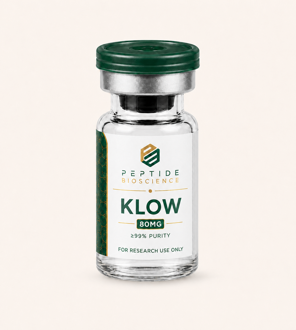 KLOW Peptide Bioscience Bottle KLOW peptide vial with green cap for research use only.