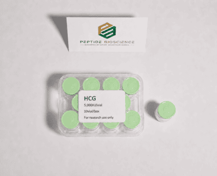 HCG peptide vial for research with green caps and Peptide Bioscience logo.