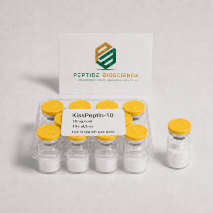 KissPeptin-10 peptide vials with Peptide Bioscience logo in background.